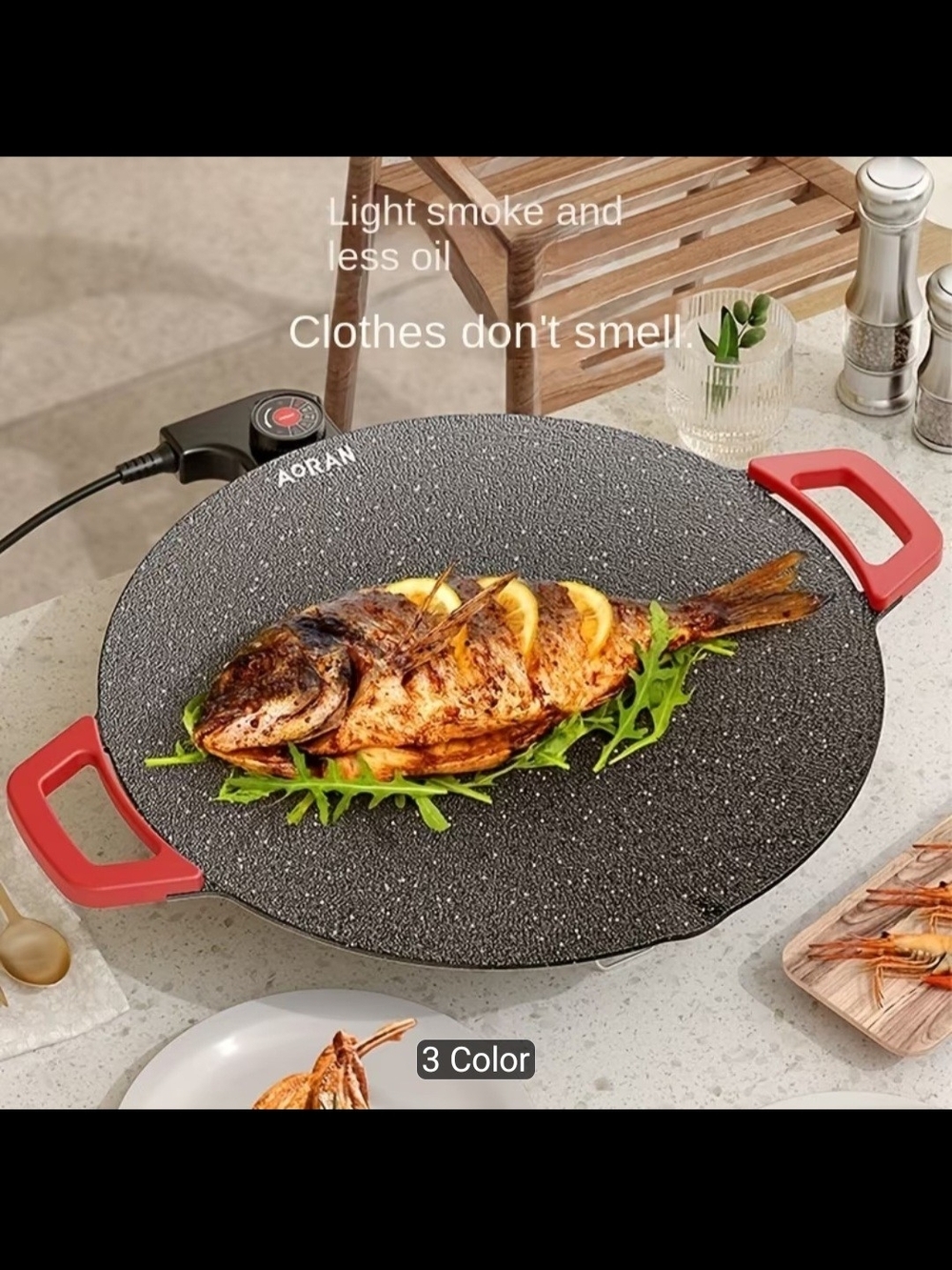 Nonstick Electric Griddle Pan with Red Handles - Black Speckled